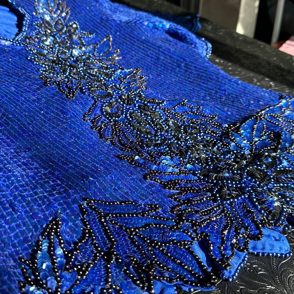 Stenay Cobalt Blue Hand-Beaded Silk Top - Sequin Vintage Glam - Handmade - XL - Picture 6 of 16